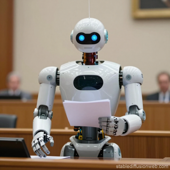 Roboter hält Rede im Parlament erstellt von stablediffusion Ein Roboter steht an einem Tisch in einem Parlament und hält eine Rede. In den hinteren Tischreihen sind zwei Menschen verschwommen zu erkennen.