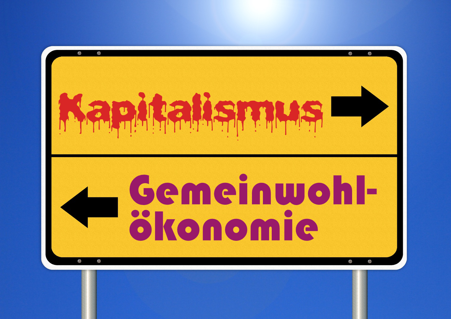 GWÖ Zweifeldriges, gelbes Straßenschild mit schwarzem Rahmen und zwei Pfeilen nach rechts und links. Im oberen Feld steht in blutroter, tropfender Schrift das Wort 'Kapitalismus' dahinter der Pfeil nach rechts. Im unteren Feld steht in violetter, abgerundeter Schrift 'Gemeinwohl-ökonomie' und davor ein Pfeil nach links. Der Hintergrund ist ein blauer Himmel mit Lichtreflex.