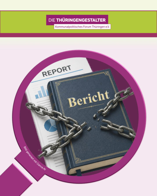 Im Mittelpunkt steht eine Lupe mit violettem Rand, die auf ein dunkelblaues Buch mit dem Titel 'Bericht' gerichtet ist. Das Buch ist mit einer silbernen Kette und einem Vorhängeschloss gesichert. Im Hintergrund liegt ein Blatt mit dem englischen Wort 'REPORT' und einem Balkendiagramm. Im oberen Bereich befindet sich ein farbiger Balken mit dem Schriftzug 'DIE THÜRINGENGESTALTER' und einer kleineren Zeile darunter. Die Gestaltung wirkt wie eine Infografik.
